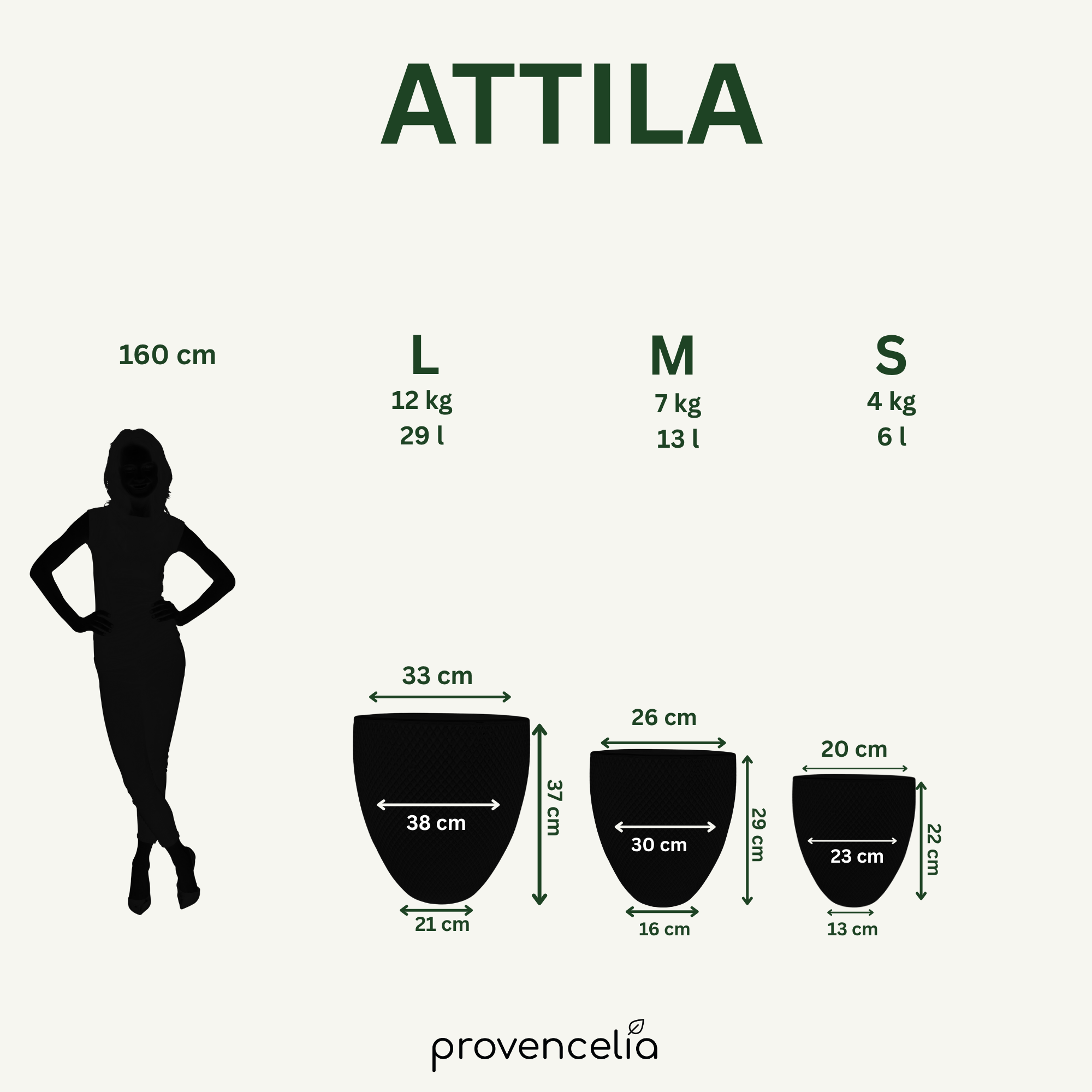 Srovnání velikostí keramického květináče ATTILA antická modrá – velikosti S až XXL