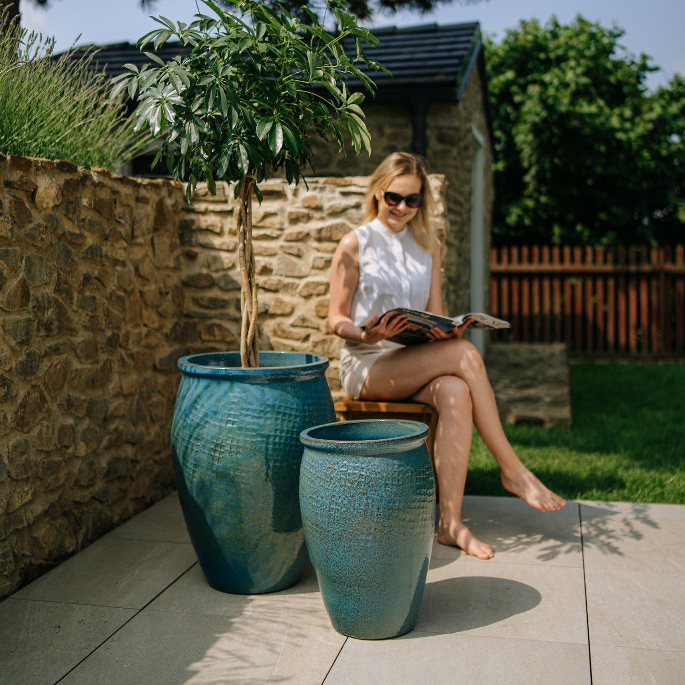 Provencelia květináč POSEIDON1 ocelově modrá – glazovaná terakota, styl Anduze