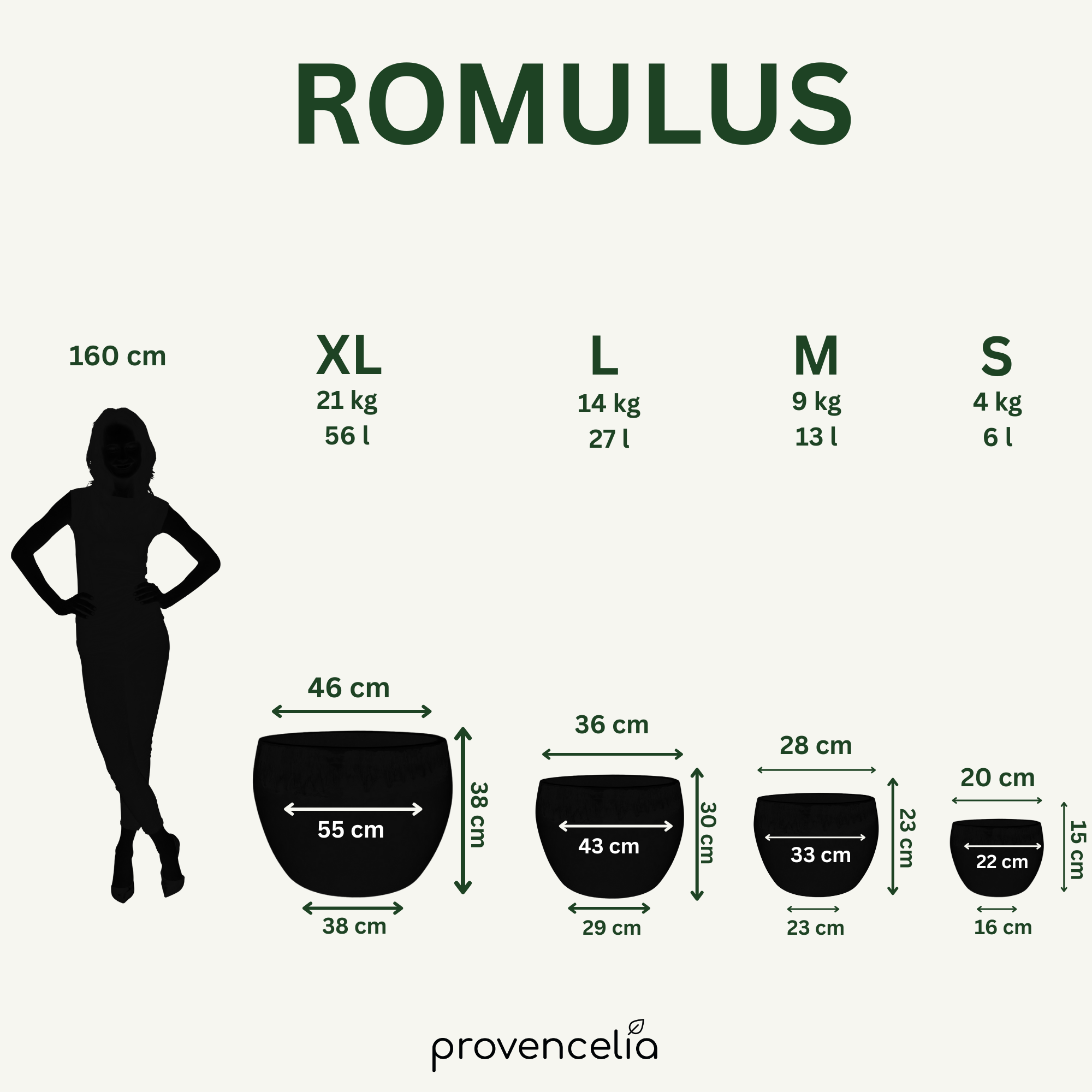 Srovnání velikostí keramického květináče ROMULUS Černá – velikosti S až XXL