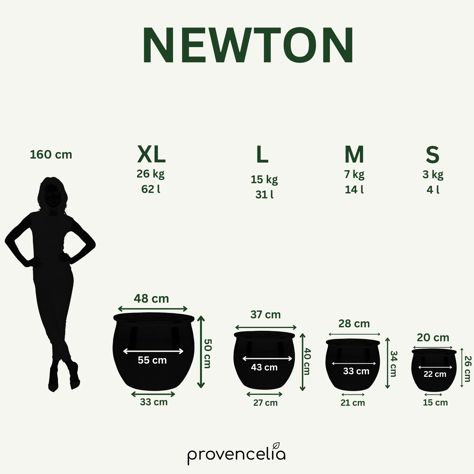 Srovnání velikostí keramického květináče NEWTON fialová – velikosti S až XXL
