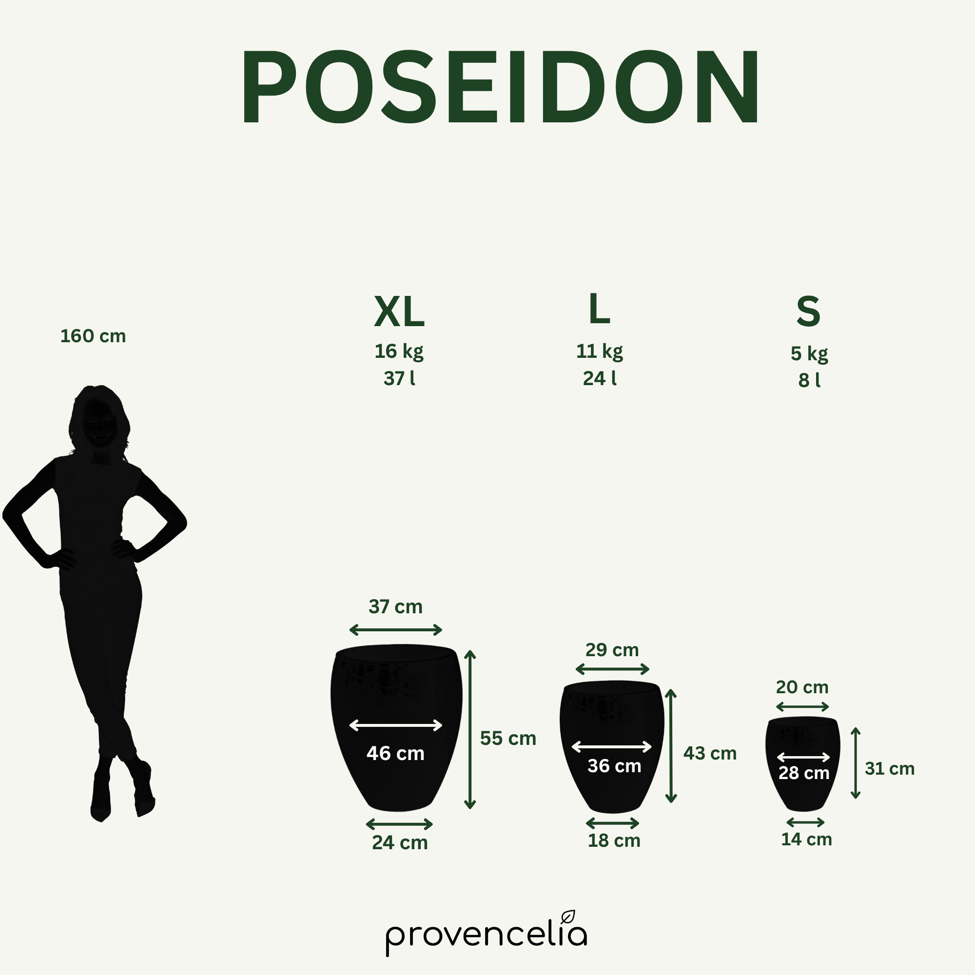 Srovnání velikostí keramického květináče POSEIDON2 azurově modrá – velikosti S až XXL