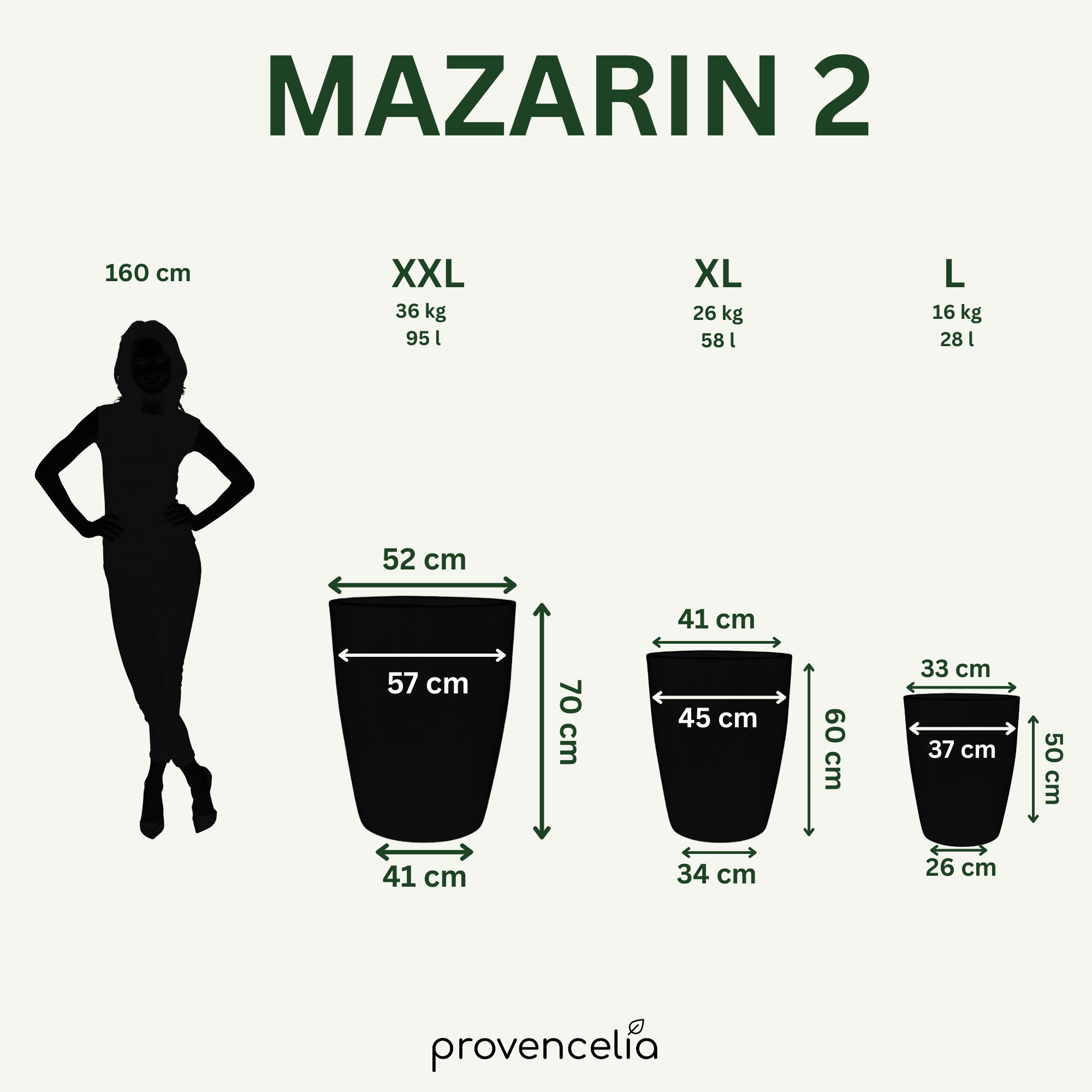 Velikostní tabulka a rozměry pro keramický květináč MAZARIN