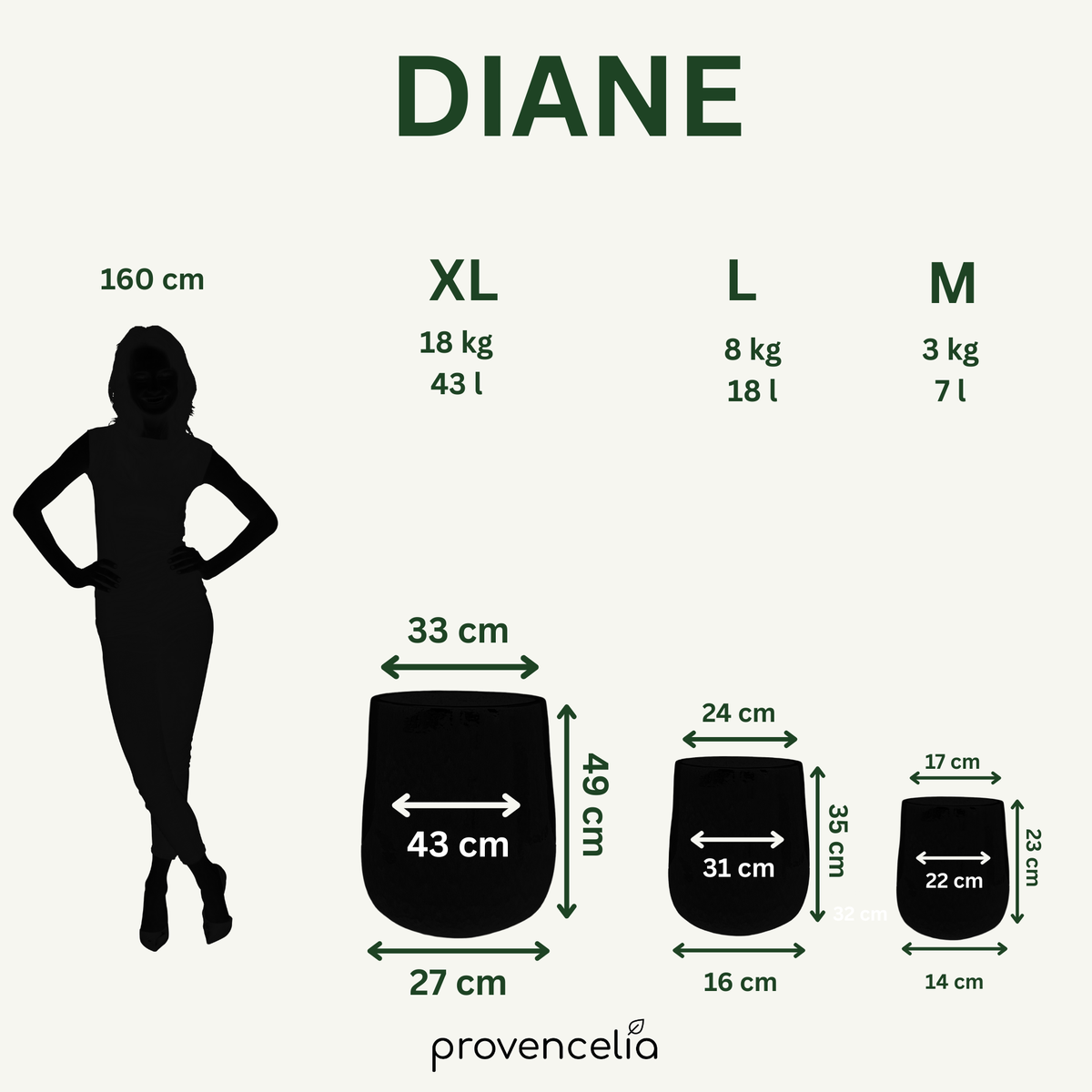 Srovnání velikostí keramického květináče DIANE azurově modrá – velikosti S až XXL
