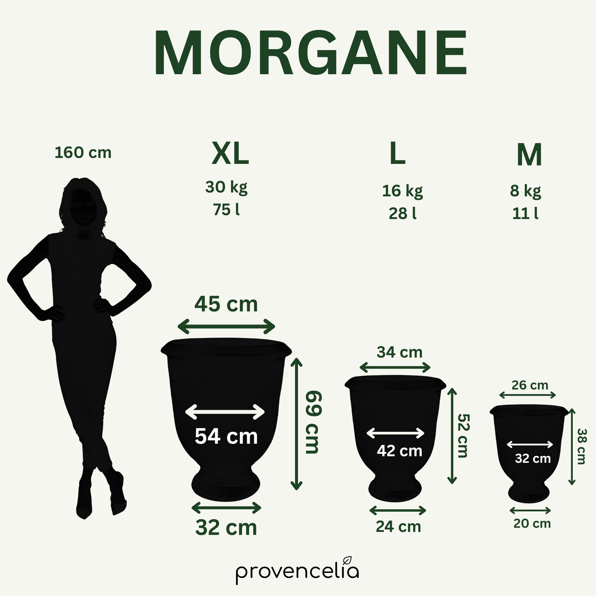 Srovnání velikostí keramického květináče MORGANE Oranžově černá – velikosti S až XXL