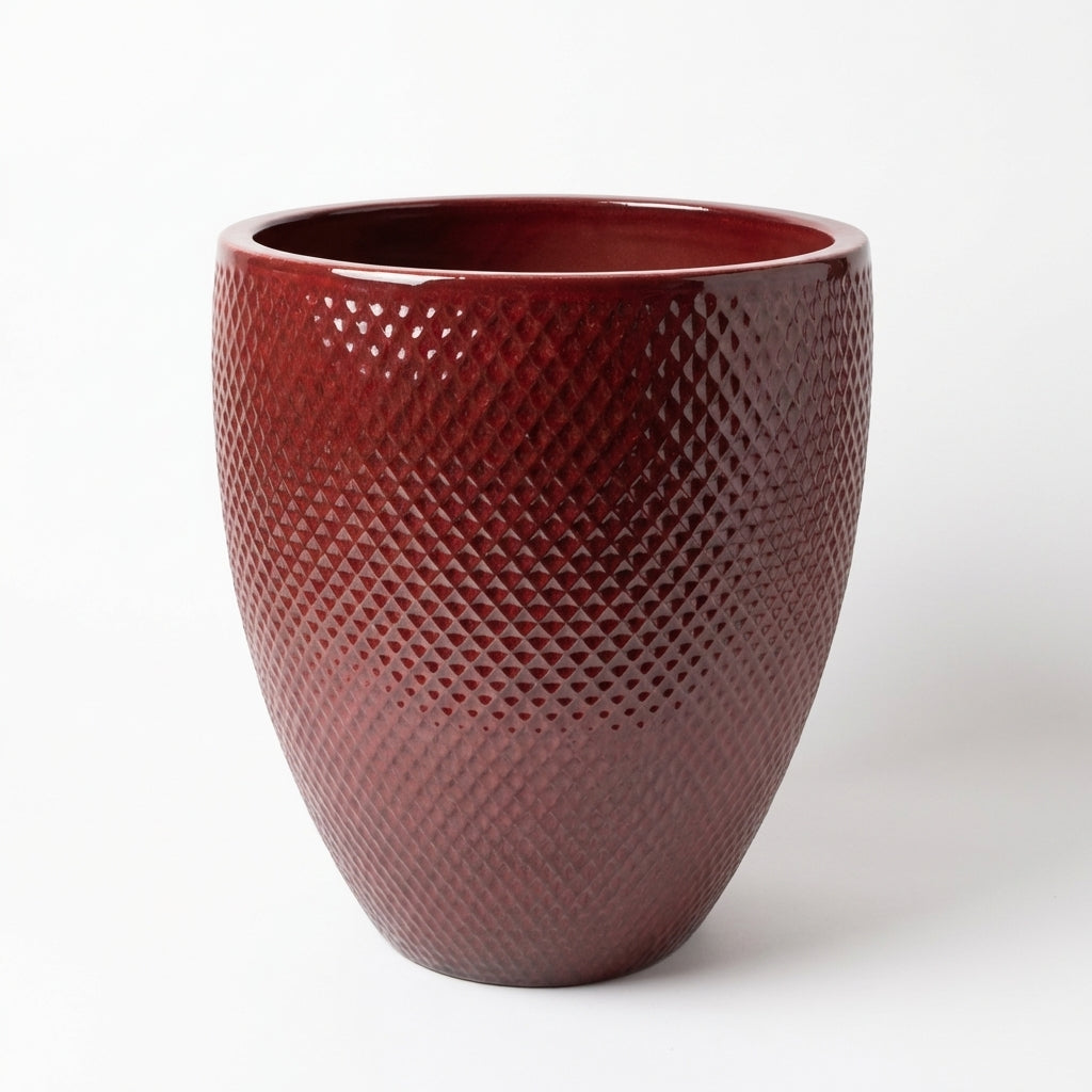 Keramický květináč Signac - Císařská červená s lesklou glazurou, detailní produktová fotografie na čistě bílém pozadí.