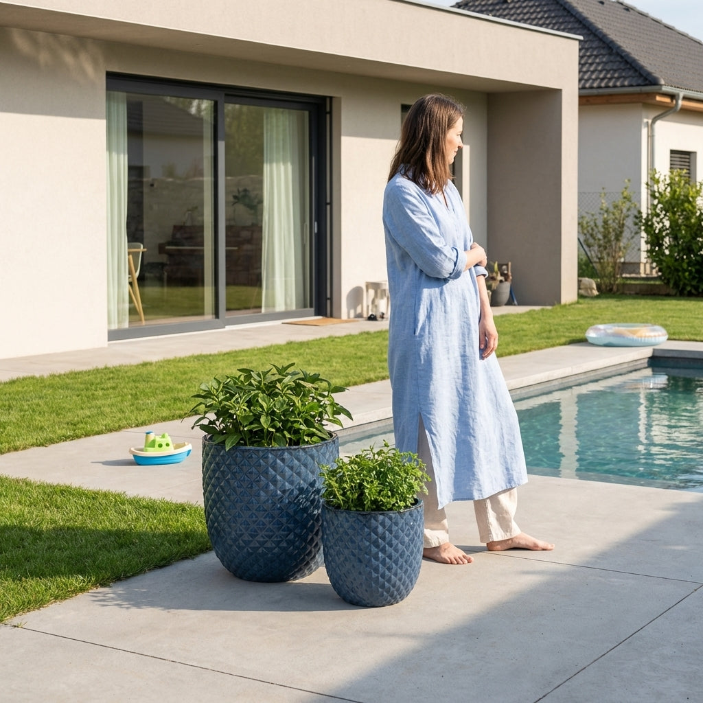 Detail textury glazury pro keramický květináč Mars Anticky modrý – ručně vyráběný glazovaný květináč z terakoty ve velikosti XL na moderní rodinné terase s bazénem.