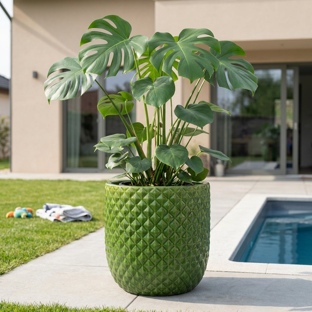 Detail na ručně vyráběný glazovaný keramický květináč Mars jablečně zelený z terakoty na moderní rodinné terase u bazénu.