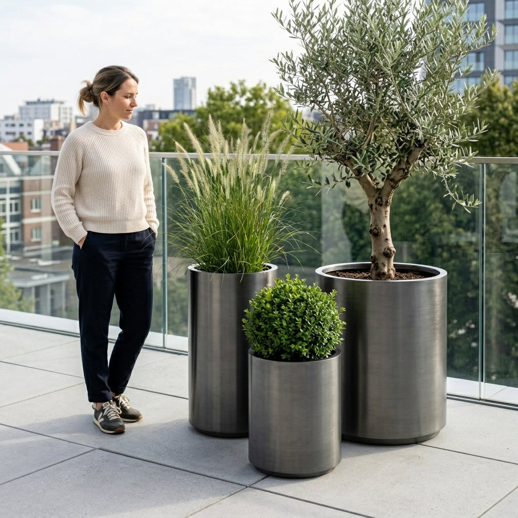 Detail na velký květináč z nerezové oceli Metropole v matně černé barvě s olivovníkem na moderní městské terase.