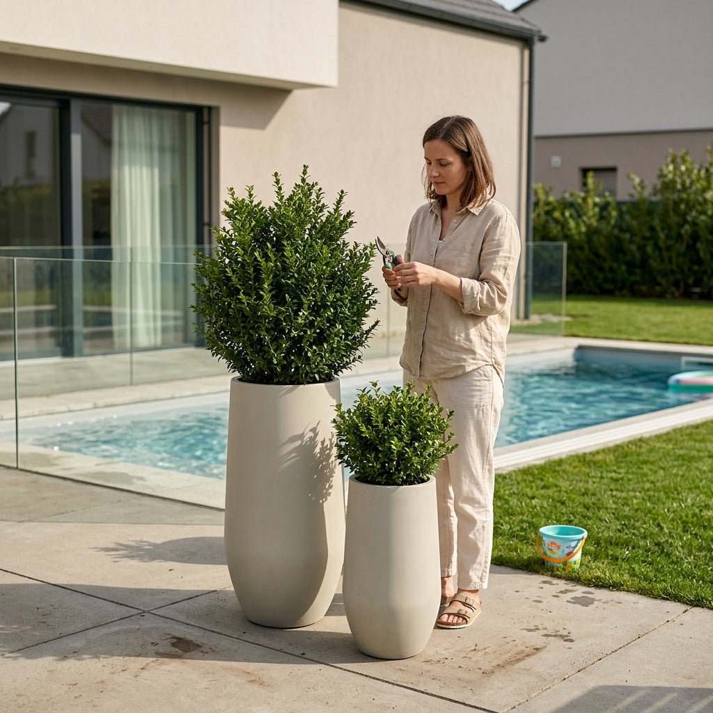 Detail béžového betonového květináče Zenith XXL (40x80 cm) se zasazeným keřem na moderní terase s bazénem.