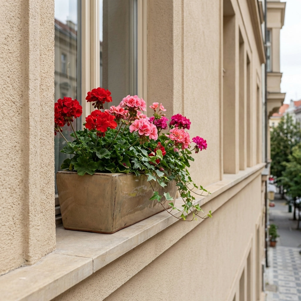 Olivově zelený keramický truhlík GIONO o rozměrech 75x21x18 cm osázený muškáty na venkovním parapetu moderního pražského činžovního domu s béžovou fasádou.