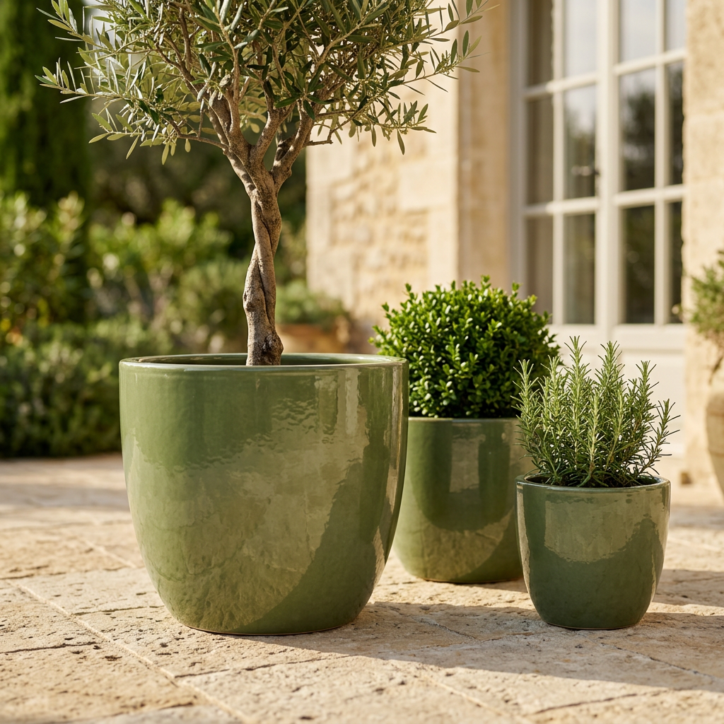 Keramický květináč LANCELOT - Nefritově perlová s okrasným reliéfem na slunné kamenné terase vily.