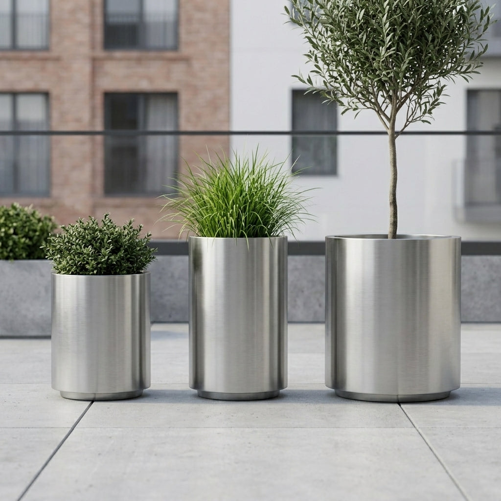 Detailní pohled na velký květináč z nerezové oceli Metropole - kartáčovaná nerezová ocel s olivovníkem na moderní městské terase.